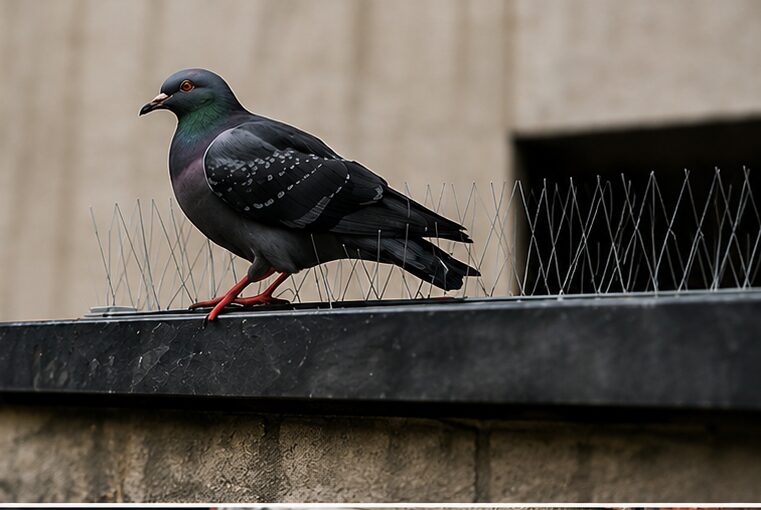 Bird Proofing Services: pigeon beside bird deterrent spikes on a ledge