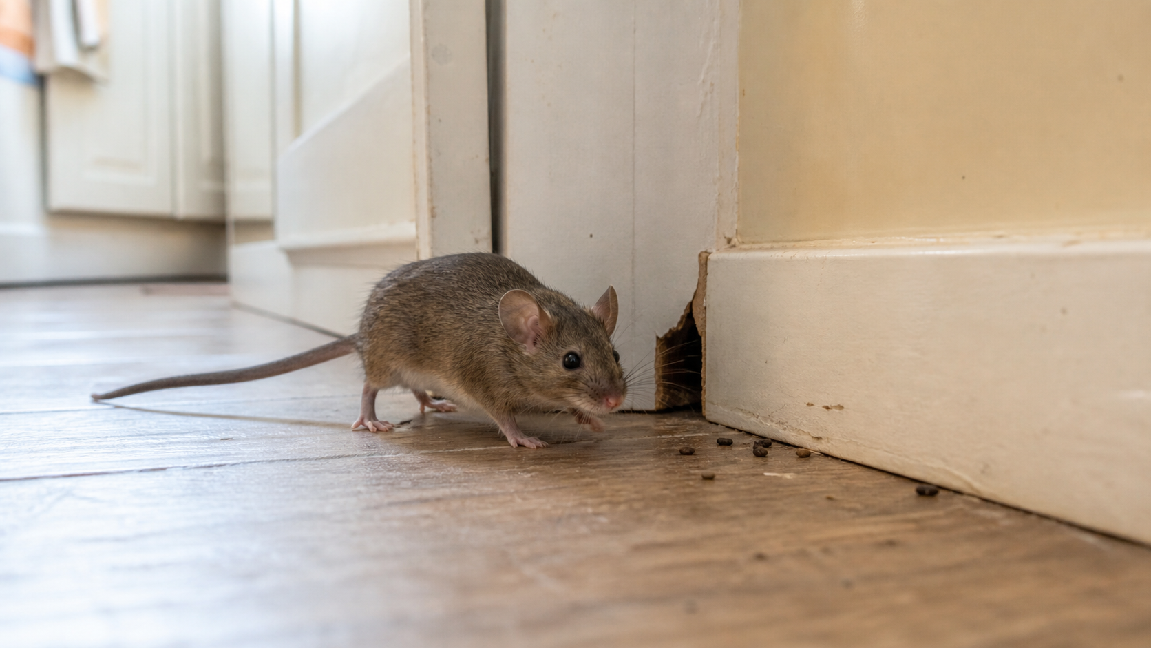 Rats and Mice Pest Control: mouse beside a hole in an interior skirting board