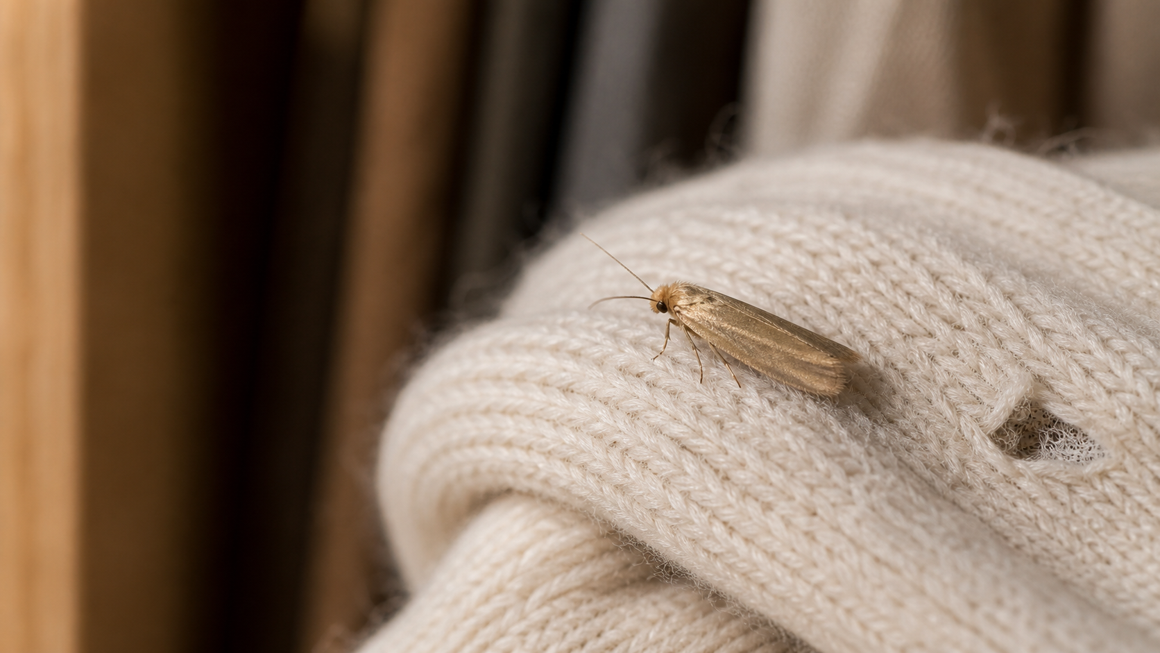 Clothes Moth Control: moth on a woollen jumper with damaged fibres