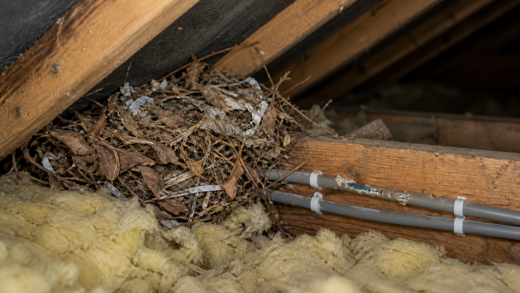 Squirrel Control Services: nesting material around pipes and insulation in a loft