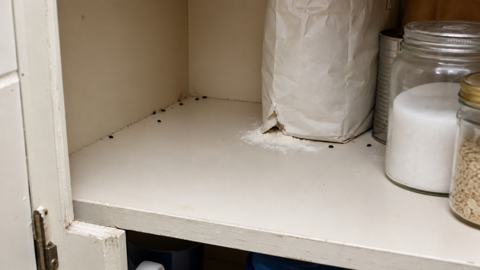Rats and Mice Pest Control: rodent droppings inside a kitchen cupboard
