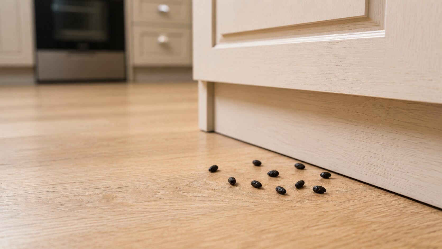 Rats and Mice Pest Control: rodent droppings beside a kitchen unit