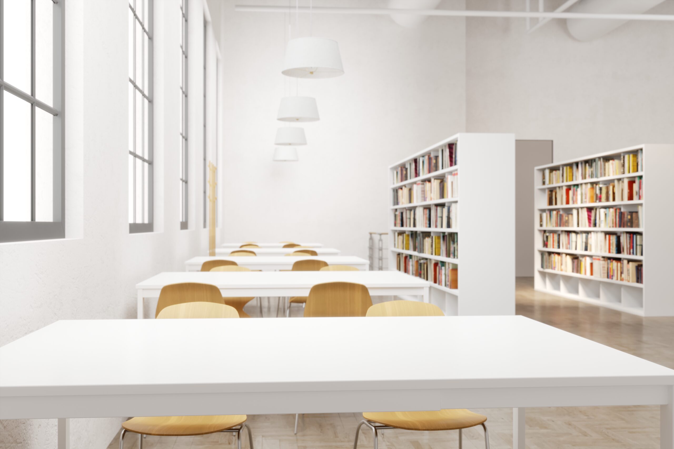 Schools & Education Pest Control: library with bookshelves and study tables