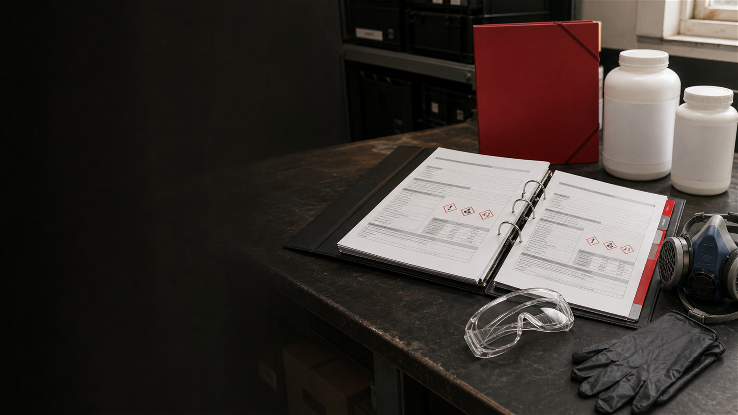 Pest control Material Safety Data Sheets with protective gloves, goggles and treatment containers