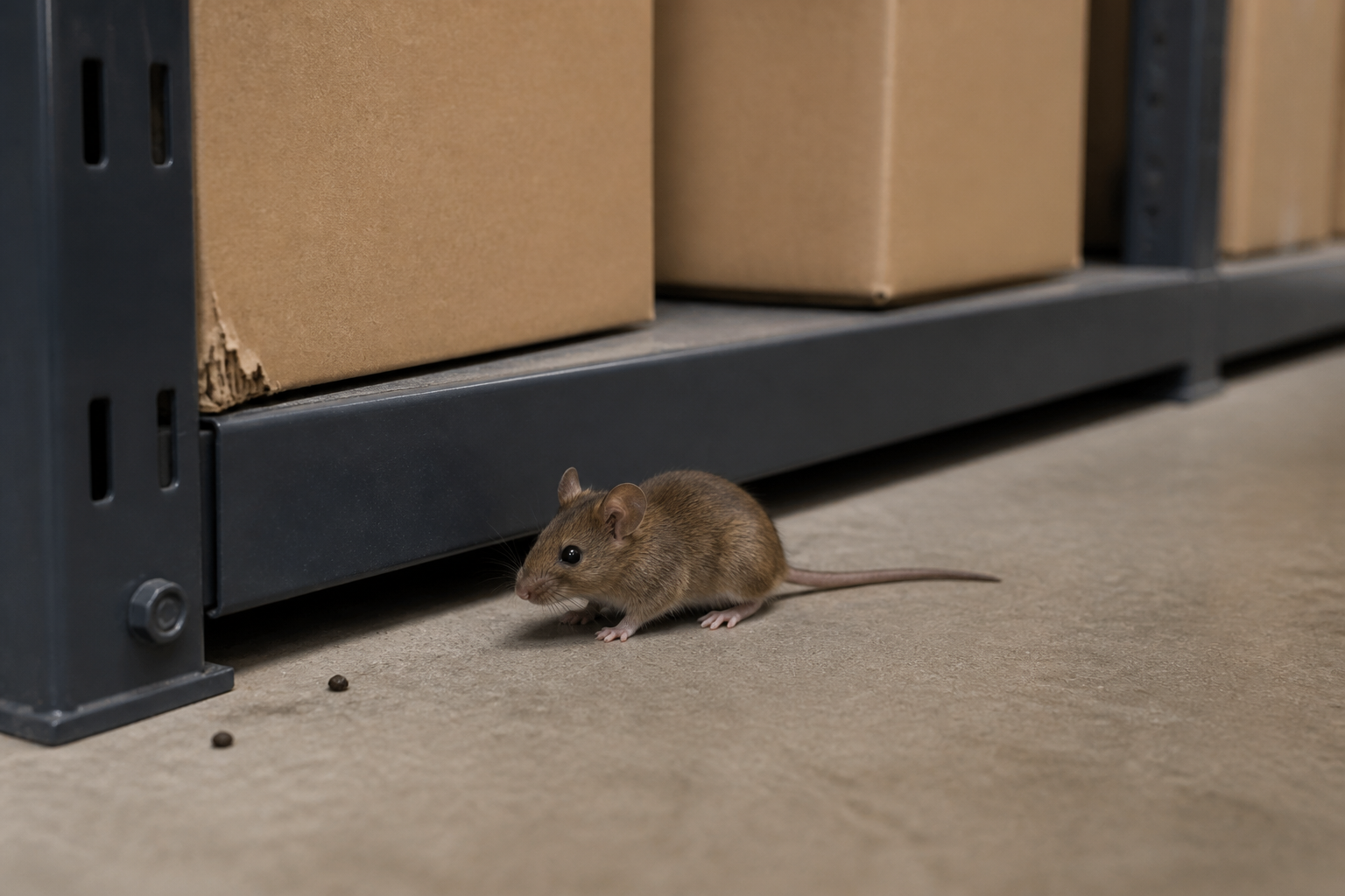 Commercial Pest Control FAQs: mouse and droppings beside warehouse storage boxes